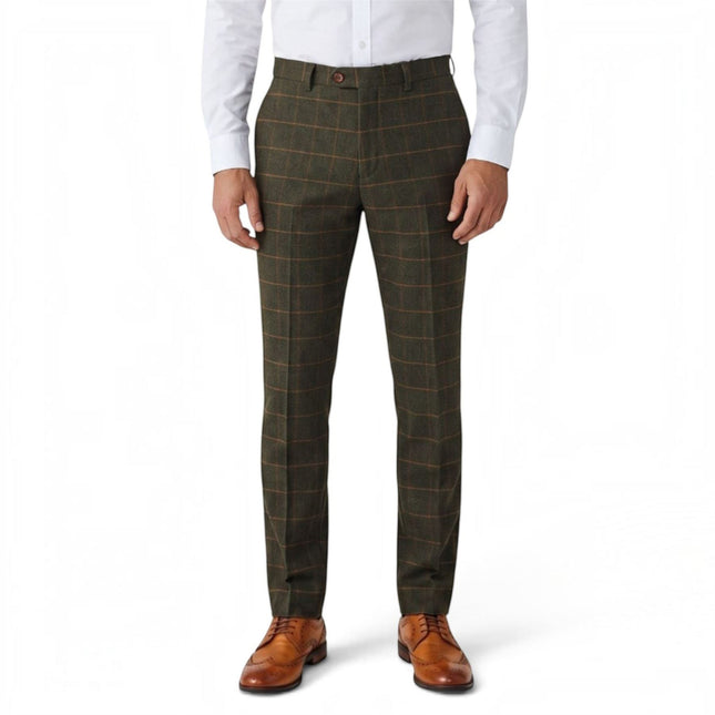 Men's Green Tweed Herringbone Check Trousers - Harris