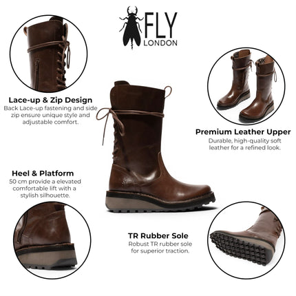Fly London Women’s Brown Leather Mid-Calf Long Boots - HEIG229