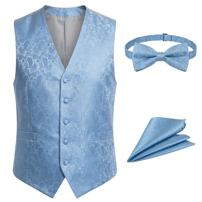 Men's Sky Blue Paisley Floral 3 Piece Waistcoat Bow Tie Hankie Set - Robert
