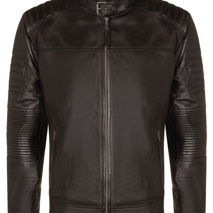Mens Black Leather Quilted Biker Jacket - Paris