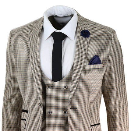 Mens 3 Piece Beige Check Retro Vintage Classic Suit