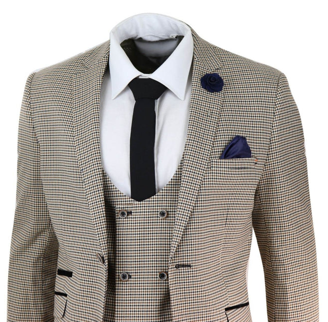 Mens 3 Piece Beige Check Retro Vintage Classic Suit