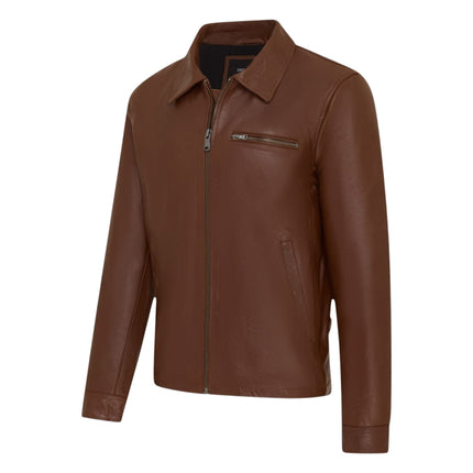 Mens Leather Tan Harrington Collar Biker Jacket - Arick
