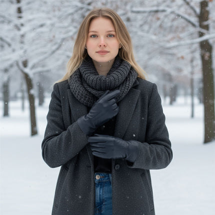 Womens Black Italian Leather Winter Stitch Line Design Soft Wool Lining Gloves - L-GLV-301