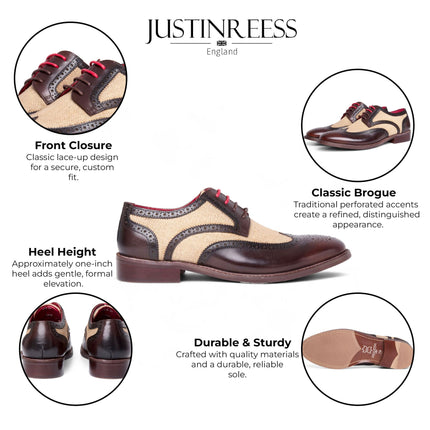 Justin Reess Men's Brown Leather Canvas Detailing Brogue Shoes - Cole