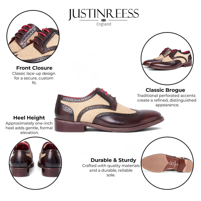 Justin Reess Men's Brown Leather Canvas Detailing Brogue Shoes - Cole