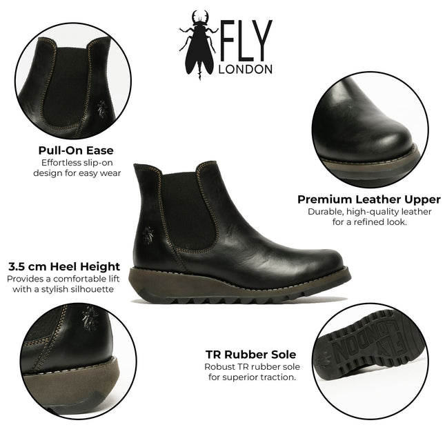 Fly London Womens Black Salv Chelsea Leather Ankle Casual Wedge Heel Boots