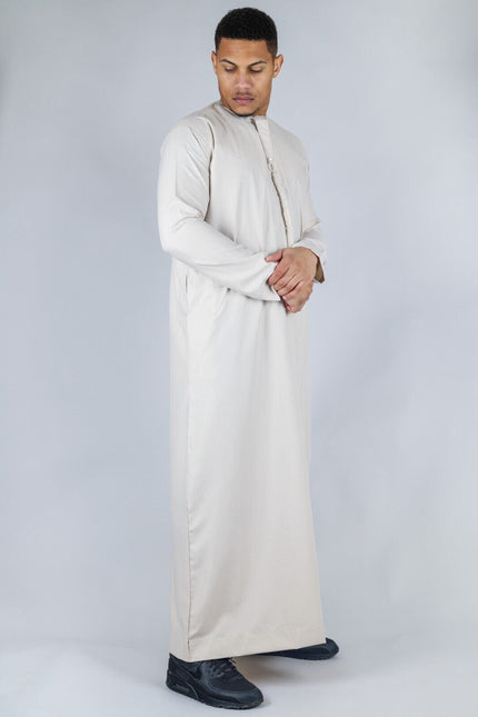 Men's Beige Thobe Emirati Islamic Jubba Robe Eid Tassel Regular Fit