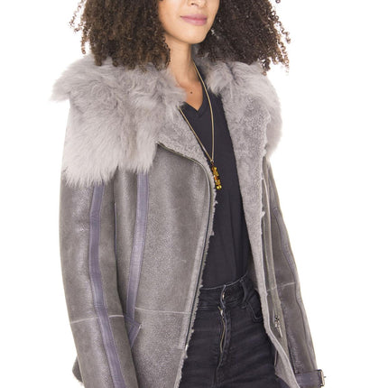 Womens Grey Toscana Shearling Flying Jacket-Teresina