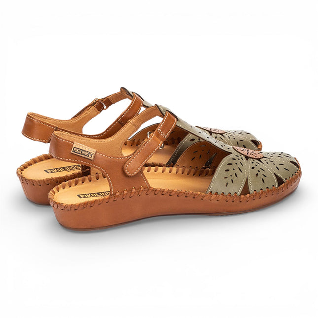Pikolinos Women’s Tan Green Leather Cushioned Wedge Sandal Shoes - P-Vallarta
