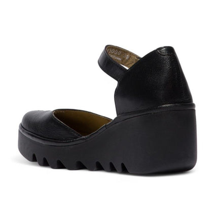 Fly London Women's Black Biso305Fly Mousse Leather Wedge Sandals