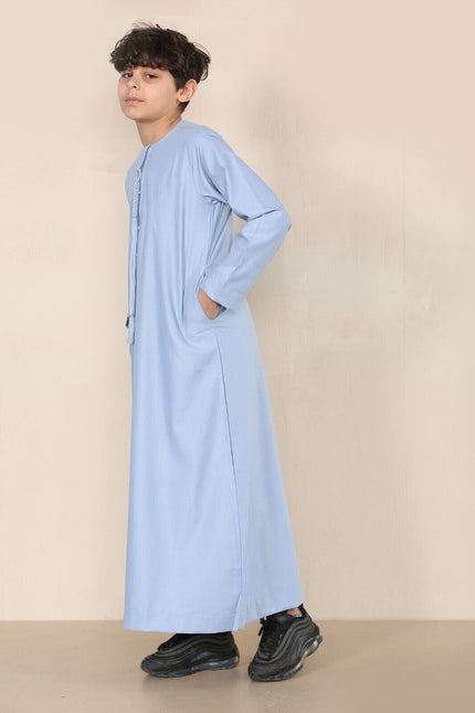 Boy's Kids Blue Thobe Emirati Jubba Islamic Clothing Kaftan Eid String Tassel