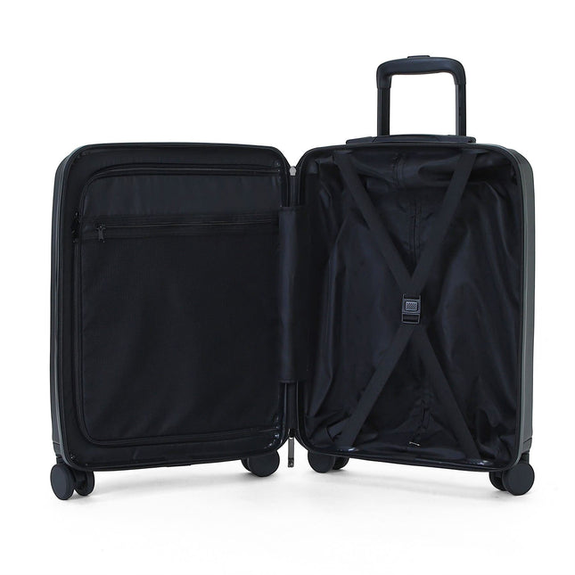 Hybrid ABS+PU Black Cabin Suitcase 57x37x25cm 8 Wheel Front Pocket Luggage