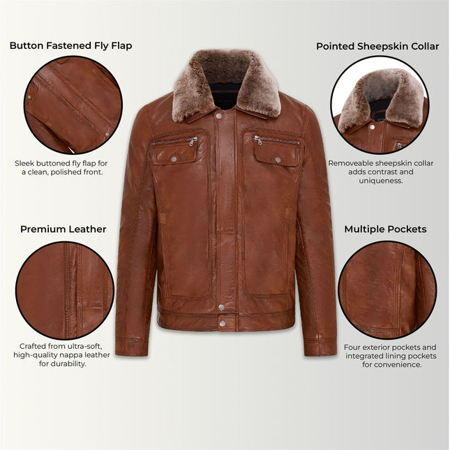 Mens Leather Jacket Trucker Removable Sheepskin Collar Casual Jacket