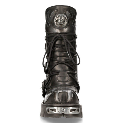 New Rock Flame Accented Black/Silver Leather Biker Boots - 107-S2