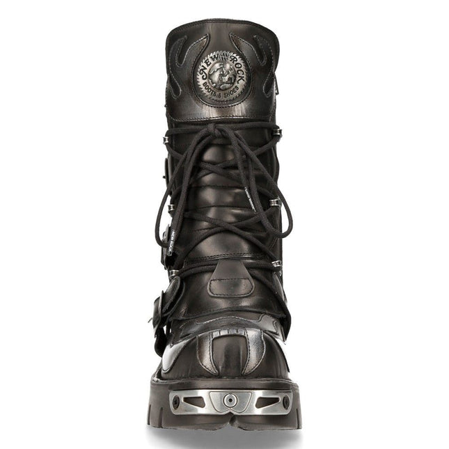 New Rock Flame Accented Black/Silver Leather Biker Boots - 107-S2