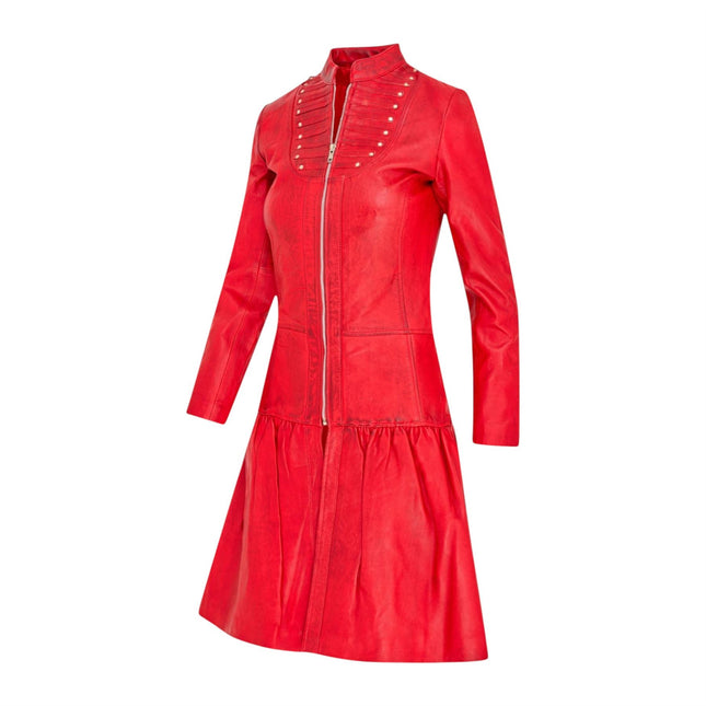 Womens Goth Red Leather Victorian Studded Flare Coat- Ribet