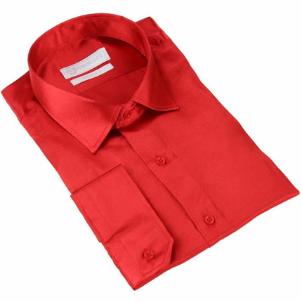 Mens Red Satin Silk Shirt Smart Casual Button Down Cuff Tailored Fit