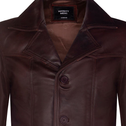Men’s Brown Vintage Trench Style Crombie Leather Coat-Macau