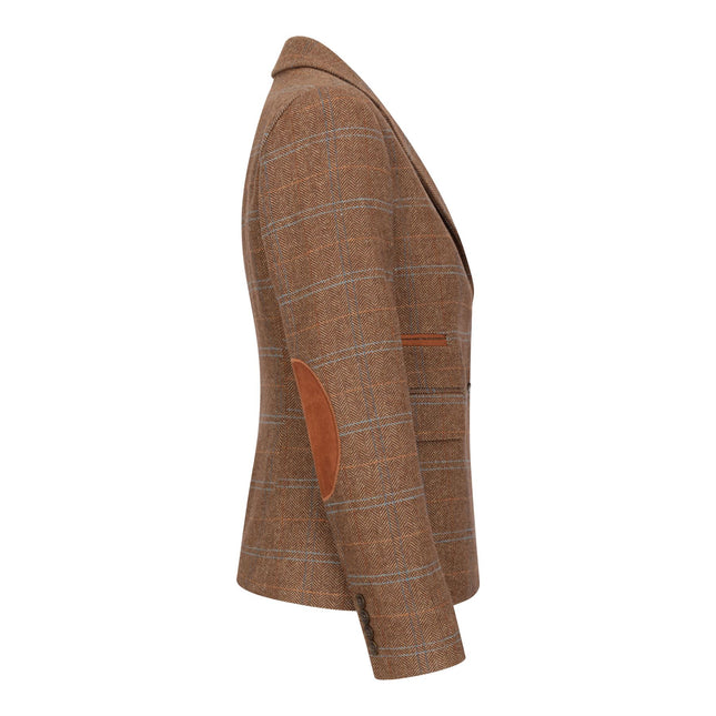 Women's Oak Brown Tailored Fit Tweed Blazer in Herringbone Check
