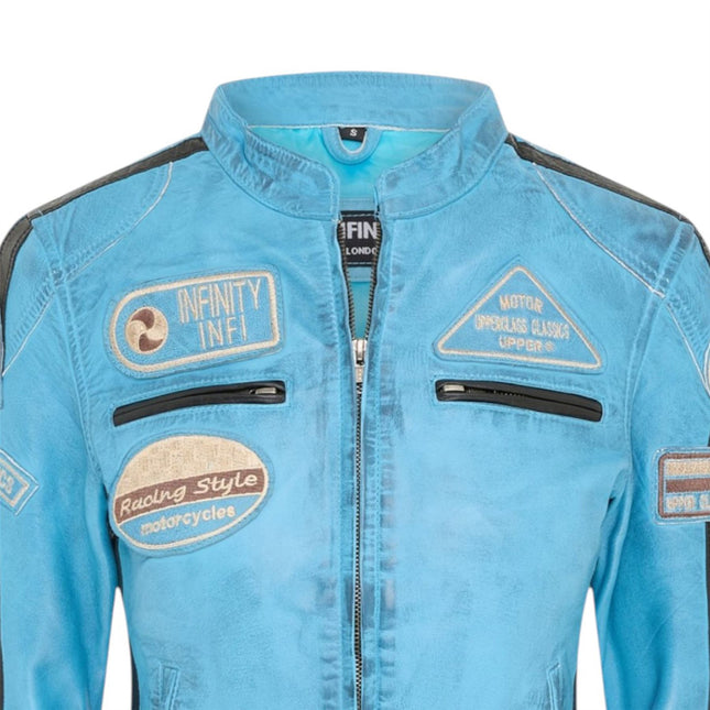 Womens Biker Racing Badges Blue Leather Jacket-Eastleigh