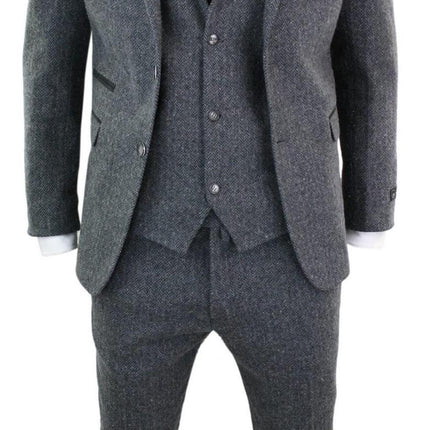 Men's 3 Piece Charcoal Grey Herringbone Tweed Suit