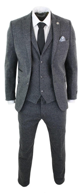 Men's 3 Piece Charcoal Grey Herringbone Tweed Suit