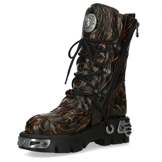 New Rock M-591-C62 Mid-Calf High Black Flame Leather Metallic Gothic Boots