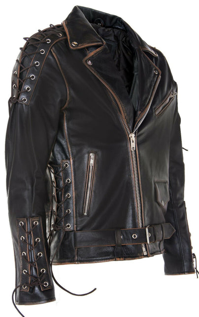 Mens Embossed Brando Leather Biker Jacket-Chicago