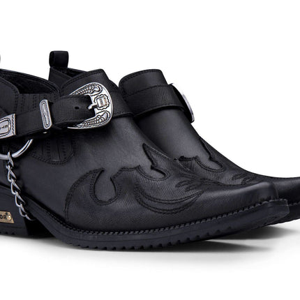 Men's Black Leather Metal Chain Winklepicker Cowboy Boots