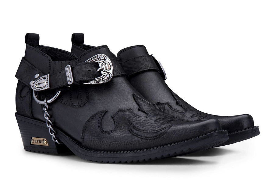 Men's Black Leather Metal Chain Winklepicker Cowboy Boots