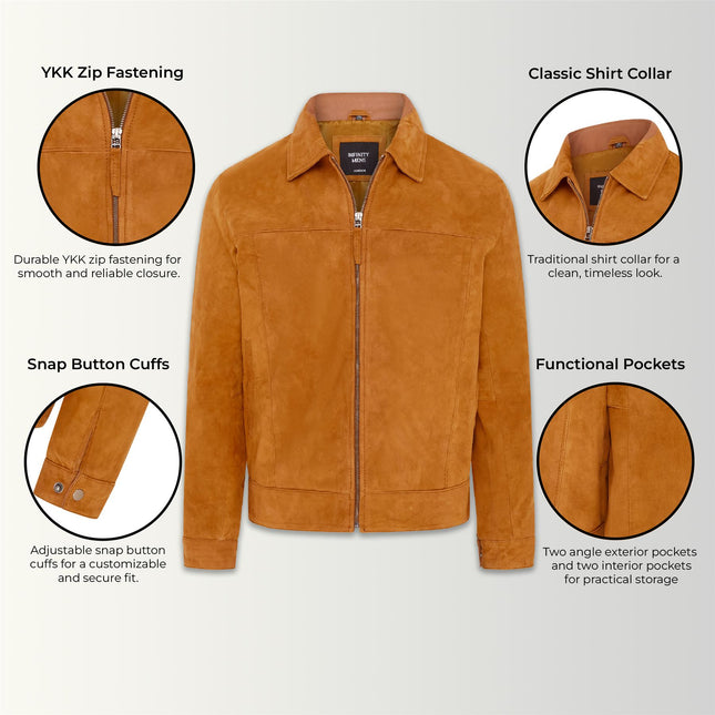 Mens Retro Brown 100% Goat Suede Leather Harington Biker Jacket