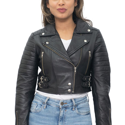 Womens Cropped Brando Leather Biker Jacket-Damascus