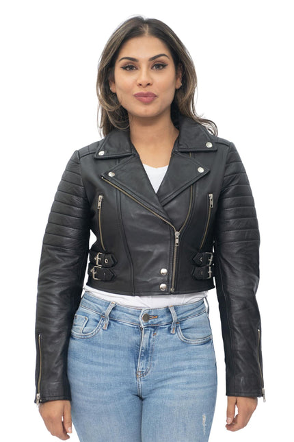 Womens Cropped Brando Leather Biker Jacket-Damascus