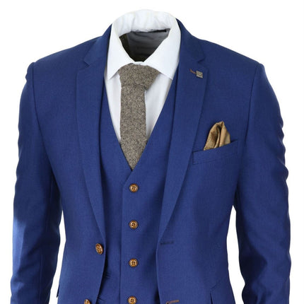 Mens 3 Piece Royal Blue Birdseye Classic Suit