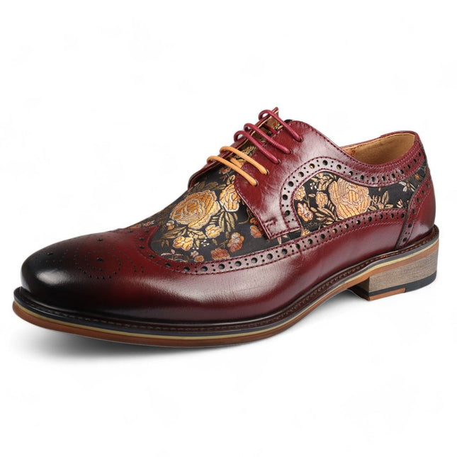 Justin Reess Men's Wine Leather Floral Print Brogue Dress Shoes - Ross