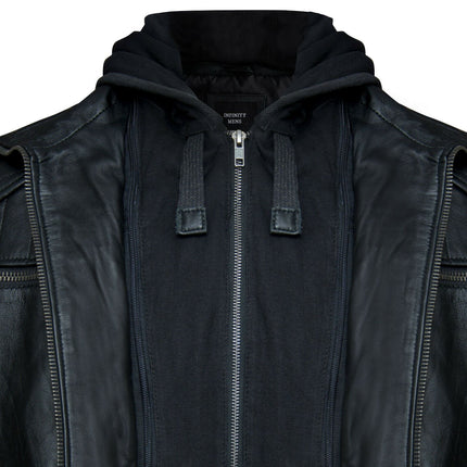 Mens Black Hooded Leather Biker Jacket-Salvador