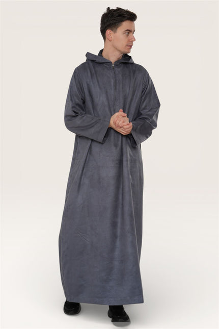 Men's Hooded Eid Grey Moroccan Jubba Robe Ramadan Eid Thobe - HM12