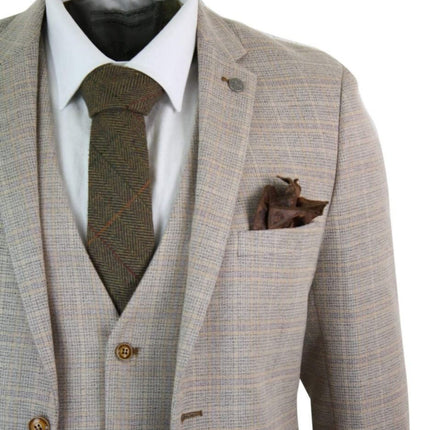 Mens 3 Piece Beige Tweed Check Vintage Retro Suit