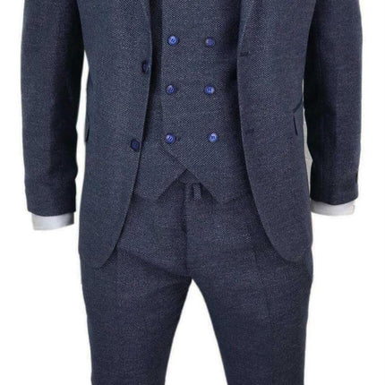Mens Blue Wool 3 Piece Suit Double Breasted Waistcoat Tweed Peaky Blinders 1920s