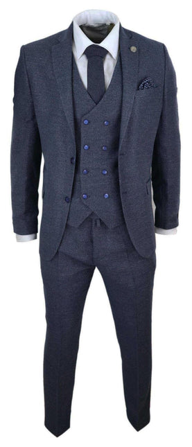 Mens Blue Wool 3 Piece Suit Double Breasted Waistcoat Tweed Peaky Blinders 1920s