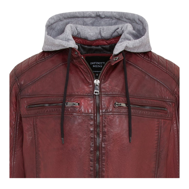 Men's Hooded Biker Lamb Leather Jacket - Burten
