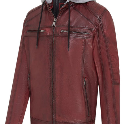 Men's Hooded Biker Lamb Leather Jacket - Burten