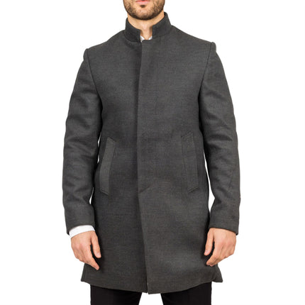 Men's Grey Stand Collar Wool Blend Overcoat