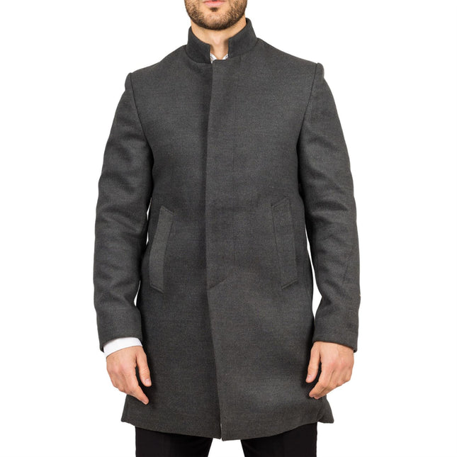 Men's Grey Stand Collar Wool Blend Overcoat