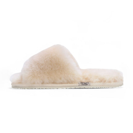 Women's Sheepskin Slippers Beige Warm Winter Fur Sliders - Nordic
