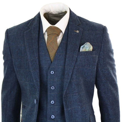 Mens 3 Piece Navy Blue Tweed Herringbone Vintage Classic Suit