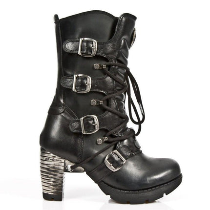 New Rock Ladies Black Leather Metallic Gothic Boots- Tr003-S1