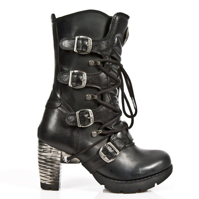 New Rock Ladies Black Leather Metallic Gothic Boots- Tr003-S1