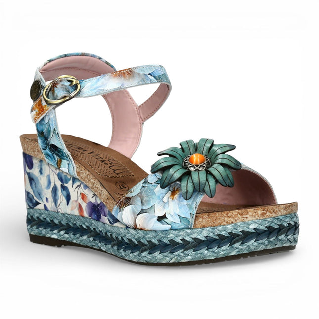 Laura Vita Women's Facyo 75 Blue Floral Leather Wedge Espadrille Sandals